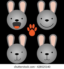 Vector flat illustration - set of cute animal faces. Bunny head emotions, icons element for your design. Smiling rabbit, children toy concept.