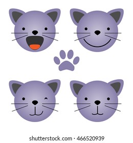 Vector flat illustration - set of cute animal faces. Cat head emotions, icons element for your design. Smiling kitty, children toy concept. Kids stuff decoration