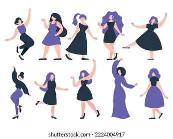 Vector, flat illustration. A set of dancing girls in bright clothes.