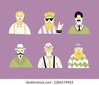 Vector flat illustration with set of elderly men. Modern male characters isolated on pink background.