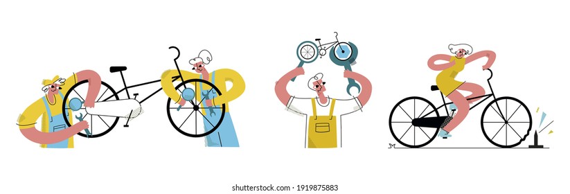 Vector flat illustration with a set of elements with bicycle repair workers. Concept of service, transport.