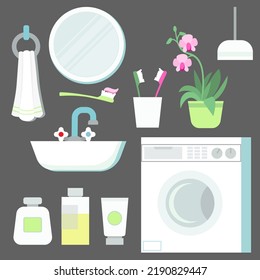 Vector flat illustration of set of elements, things for the bathroom interior. Sink, mirror, flower, cosmetics, towel, laundry basket, washing machine