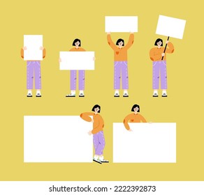 Vector flat illustration with set of female characters holding empty paper sheet. Women holding and standing near blank banner for advertising. Flat characters isolated on yellow background.