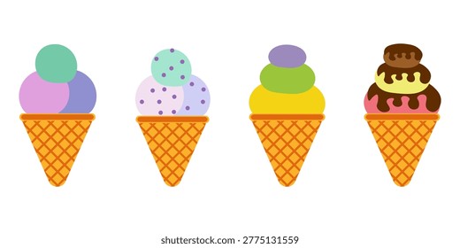 Vector flat illustration set of four waffle ice cream cones with colorful scoops for design