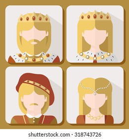 Vector flat illustration: set of four characters of Medieval Europe: king, queen, prince and princess on light gray square rounded corners stickers with diagonal shadow isolated on golden background