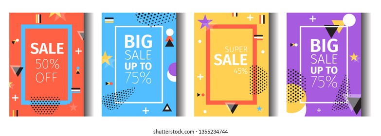 Vector Flat Illustration Set Geometric Abstraction. 50 Percent Big sale Up To 75 Percent Super Sell 45. On Yellow Around Flying Different Shapes Dots Asterisk Triangle Plus Sign. Blue Background Mesh.