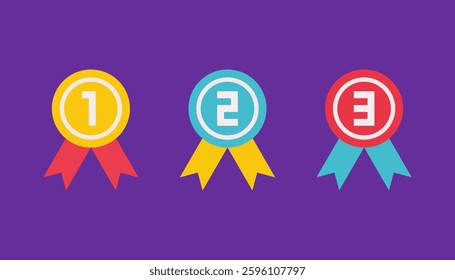 Vector flat illustration with set of gold, silver and bronze medal as symbol of 1, 2, 3 place on championship or competition and award. Minimalistic concept, clipart sport collection