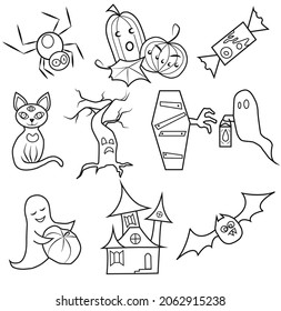 vector flat illustration, a set of Halloween themed spooky objects: ghosts, bat, haunted house, cartoon coffin, carved spooky pumpkins, witches cat, halloween candy, scary tree, venomous spider