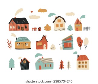 Ilustración vectorial plana ambientada con un pueblo dibujado a mano con bonitas casas y árboles. Edificios coloridos y acogedores con humo de la chimenea. Elementos de diseño modernos.