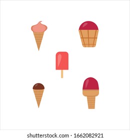 Vector flat illustration. Set of  ice cream with different tastes and topings. ice cream in a Cup, horn, Popsicle isolated on white. 