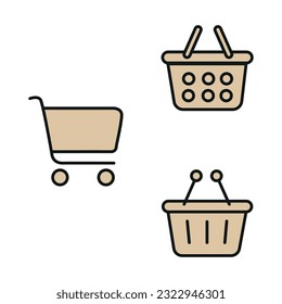 Ilustración plana vectorial. Un conjunto de íconos de cestas de compras de diferentes formas. Colección marrón claro. Adecuado para tiendas online, pegatinas y como dibujo independiente.