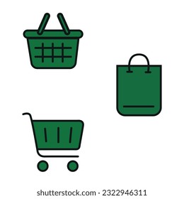 Ilustración plana vectorial. Un conjunto de íconos de cestas de compras de diferentes formas. Colección verde. Adecuado para tiendas online, pegatinas y como dibujo independiente.