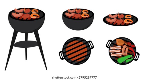 Vector flat illustration set of kettle barbecue grills with meat, seafood, and vegetables cooking on a wire grate for design
