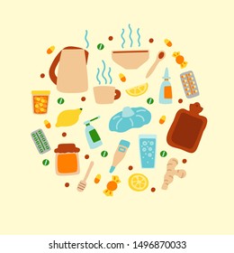 Vector flat illustration with set of medicines for colds and influenza. Collection of medicines and therapeutic agents for colds and flu