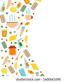 Vector flat illustration with set of medicines for colds and influenza. Medical pattern with place for text, medicines and therapeutic agents for colds and flu