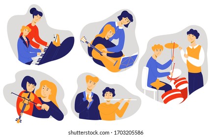 Vector flat illustration with set of music teachers and young students playing various instruments. Concept music education. Can use it as separate clipart elements for web design, advertising, etc.