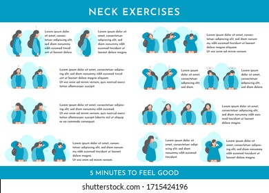 Vector flat illustration set with neck exercises by girl. Stretching activity for neck and back if its hurt. Correct posture and self massage. Blue colors, white background, place for text.