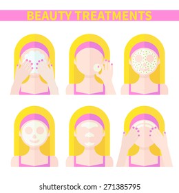 Vector flat illustration: Set on six attractive european blonde models with different spa beauty treatments in pink clothes