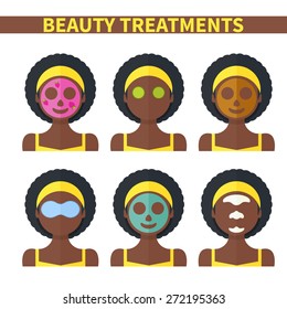 Vector flat illustration: Set on six attractive black Afro American models with different spa beauty treatments in yellow clothes