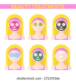 Vector flat illustration: Set on six attractive european blonde models with different spa beauty treatments in pink clothes
