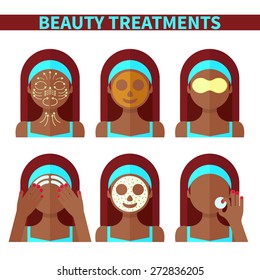 Vector flat illustration: Set on six attractive afro american models with different spa beauty treatments in turquoise clothes