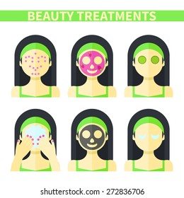 Vector flat illustration: Set on six attractive asian models with different spa beauty treatments in green clothes