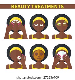 Vector flat illustration: Set on six attractive black afro american models with different spa beauty treatments in yellow clothes