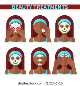 Vector flat illustration: Set on six attractive afro american models with different spa beauty treatments in turquoise clothes