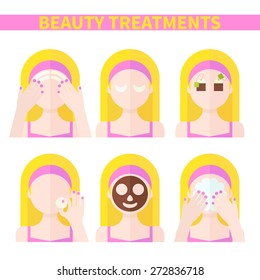 Vector flat illustration: Set on six attractive european blonde models with different spa beauty treatments in pink clothes 