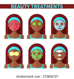 Vector flat illustration: Set on six attractive afro american models with different spa beauty treatments in turquoise clothes