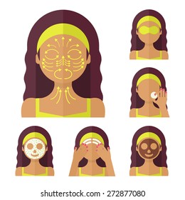 Vector flat illustration: Set on six attractive latina models with different spa beauty treatments in lime clothes