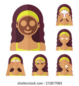 Vector flat illustration: Set on six attractive latina models with different spa beauty treatments in lime clothes