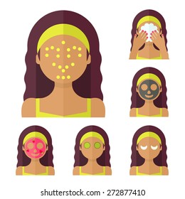 Vector flat illustration: Set on six attractive latina models with different spa beauty treatments in lime clothes