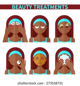 Vector flat illustration: Set on six attractive afro american models with different spa beauty treatments in turquoise clothes