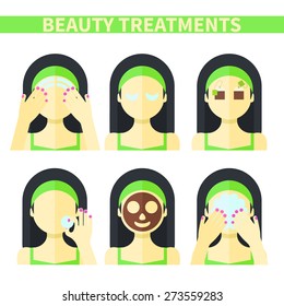 Vector flat illustration: Set on six attractive asian models with different spa beauty treatments in green clothes