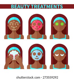 Vector flat illustration: Set on six attractive afro american models with different spa beauty treatments in turquoise clothes