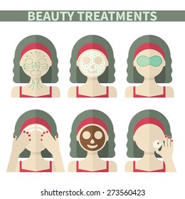 Vector flat illustration: Set on six retro european  models with different spa beauty treatments in red clothes
