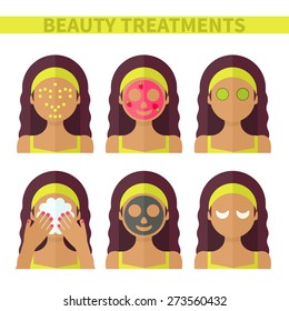 Vector flat illustration: Set on six attractive latina models with different spa beauty treatments in lime clothes