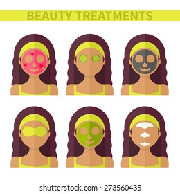 Vector flat illustration: Set on six attractive latina models with different spa beauty treatments in lime clothes