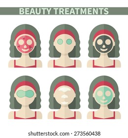 Vector flat illustration: Set on six retro european  models with different spa beauty treatments in red clothes