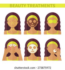 Vector flat illustration: Set on six attractive latina models with different spa beauty treatments in lime clothes