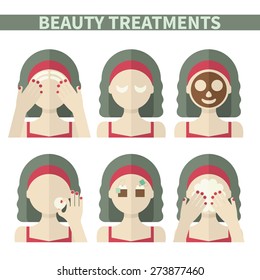 Vector flat illustration: Set on six retro european  models with different spa beauty treatments in red clothes