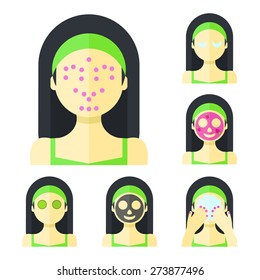 Vector flat illustration: Set on six attractive asian models with different spa beauty treatments in green clothes
