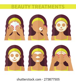 Vector flat illustration: Set on six attractive latina models with different spa beauty treatments in lime clothes