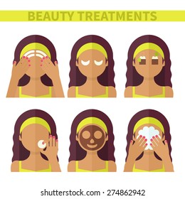 Vector flat illustration: Set on six attractive latina models with different spa beauty treatments in lime clothes