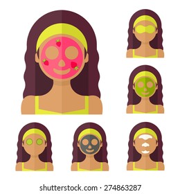 Vector flat illustration: Set on six attractive latina models with different spa beauty treatments in lime clothes