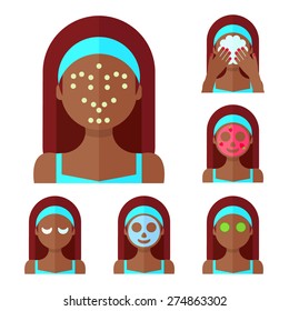 Vector flat illustration: Set on six attractive afro american models with different spa beauty treatments in turquoise clothes