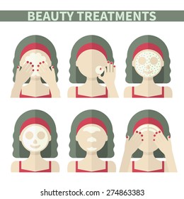 Vector flat illustration: Set on six retro european  models with different spa beauty treatments in red clothes