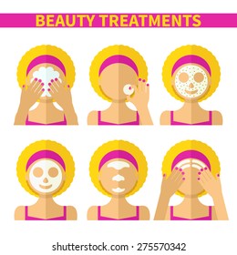 Vector flat illustration: Set on six attractive european blonde models with different spa beauty treatments in pink clothes 