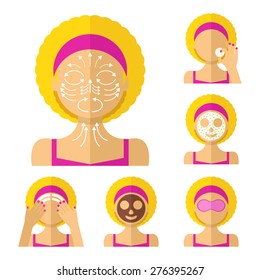 Vector flat illustration: Set on six attractive european blonde models with different spa beauty treatments in pink clothes
